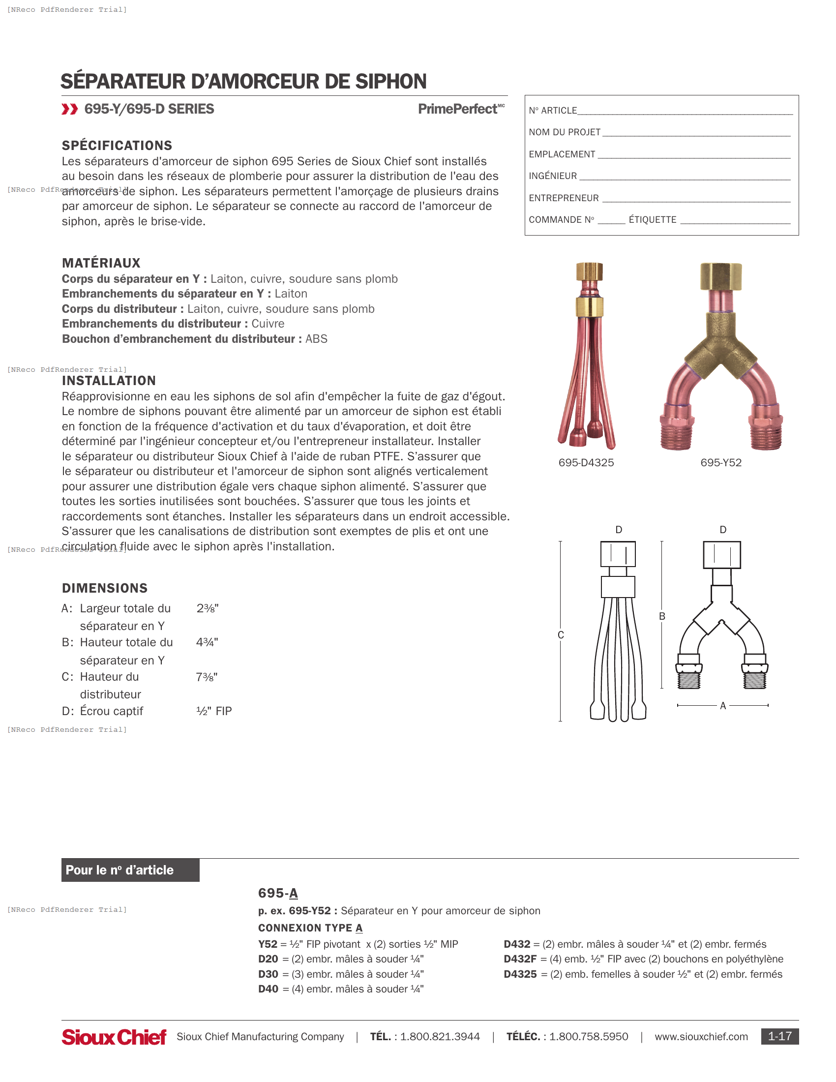 695 SERIES - TRAP PRIMER SPLITTER - SPEC SHEET_FR.PDF Specification Document